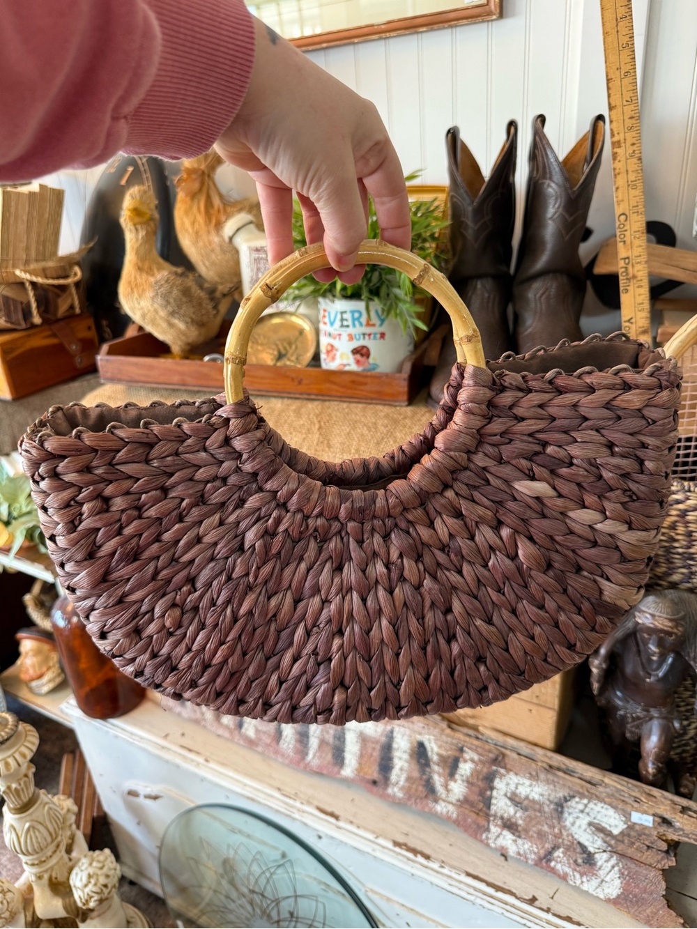Woven Semicircle Handbag with Bamboo Handles - Brown
